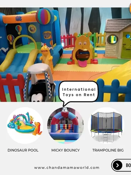 This collage highlights some of my most popular international toys. You can see the Dinosaur Pool, Micky Bouncy, and a large Trampoline, all available to be part of your custom playzone package.
