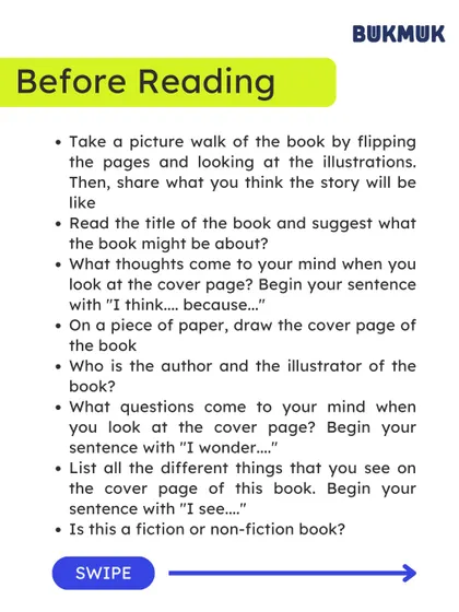 'Before Reading' activities for kids under 8. Taking a "picture walk" through the book or drawing the cover page are great ways to build excitement and context before the story begins.