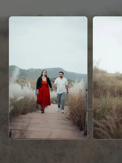 A candid shot of a couple walking hand-in-hand through a path lined with tall white grass. This showcases our ability to find beautiful natural settings around Jaipur.