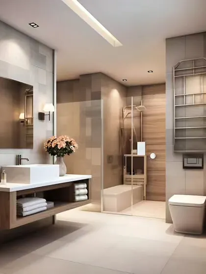 A bright and spacious bathroom with light-colored tiles and a floating wood vanity. The walk-in shower with a glass partition keeps the look open and airy.