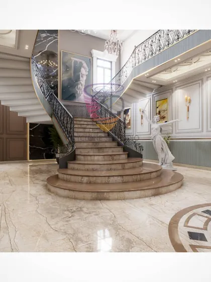 This render focuses on a grand, sweeping staircase in a classical-style foyer. We've highlighted the wrought iron details, marble flooring, and the overall sense of arrival and drama.