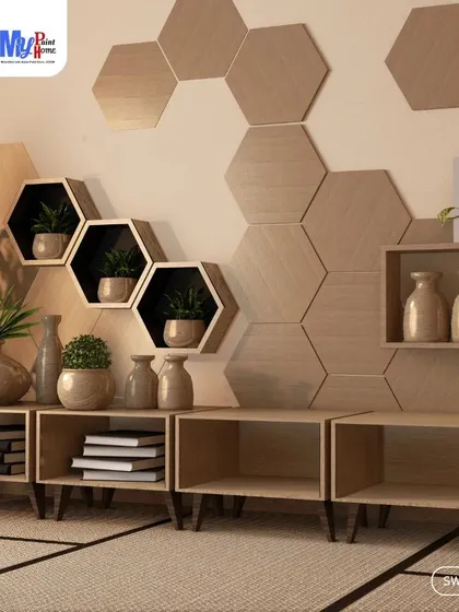 This design uses wooden hexagonal tiles to create a natural and modern feature wall. It's a unique alternative to paint that adds warmth and texture to the room.