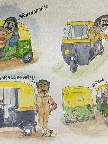 As a Bengalurean, I had to capture the city's iconic auto rickshaws. This watercolor series illustrates the funny and unique quirks every local knows, from the classic 'wonendaaf' fare to the firm 'baralla'. It’s art that tells a relatable, everyday story with a touch of humor.