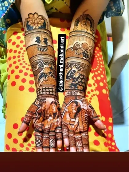 This design shows multiple figures, telling a complete story across both hands. It includes portraits of the couple and other characters from their life.