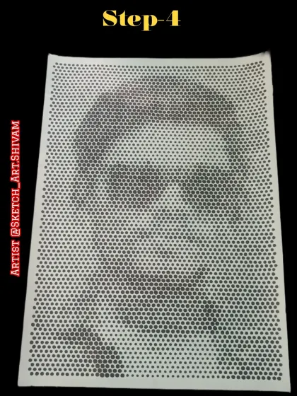 By step four, the portrait is almost complete. The face is clearly visible, and the technique creates a unique, almost pixelated effect that is very different from traditional shading.