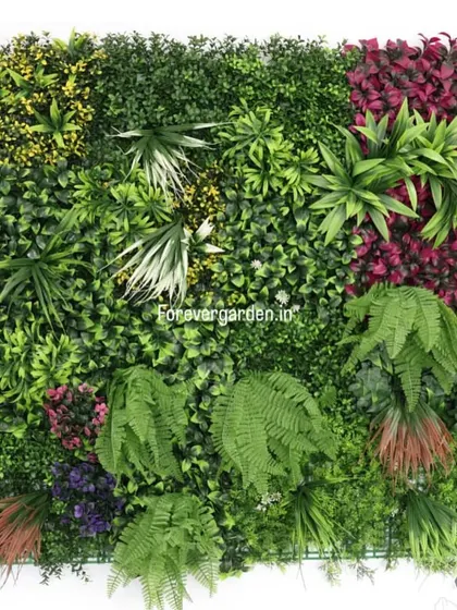 This vertical garden panel combines deep greens with rich burgundy and white-accented leaves, offering a more colorful and dynamic wall option.