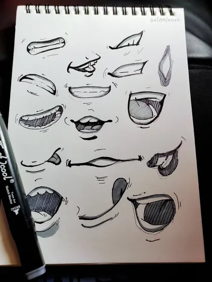 Day 2 of my travel sketchbook. I filled this page with sketches of mouths and lips to practice conveying different emotions.