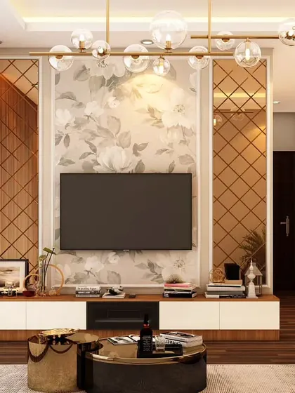 We used floral wallpaper and crisscross patterned mirrors to create a soft and elegant TV wall. This design approach adds a decorative touch, making the media unit a beautiful feature even when the screen is off.
