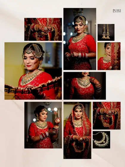 A stunning collage celebrating the bride on her wedding day. It highlights every detail, from her intricate jewelry and kaleere to her beautiful red lehenga.