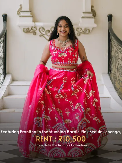 Pranitha looks stunning in this Barbie pink sequin lehenga. A perfect example of how a rental can make you feel like you're in a fairytale.