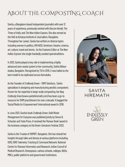 A little about me, your composting coach. With over 12 years of experience as a journalist and SWM practitioner, I founded Endlessly Green to share my expertise in large-scale composting and help others on their journey.