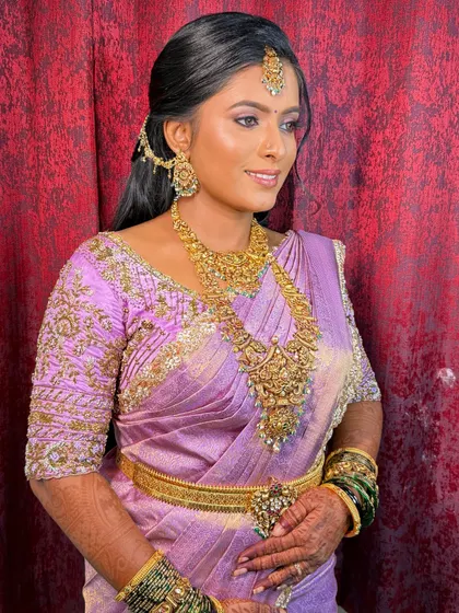Archana in her second look with a beautiful lavender saree. The makeup was adapted to match the new outfit, showcasing the versatility you will learn.