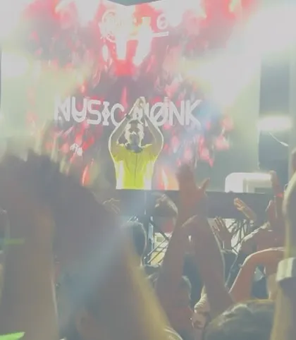 A wide shot from the crowd's perspective, looking up at me on stage. This captures the feeling of being part of a massive, collective celebration.