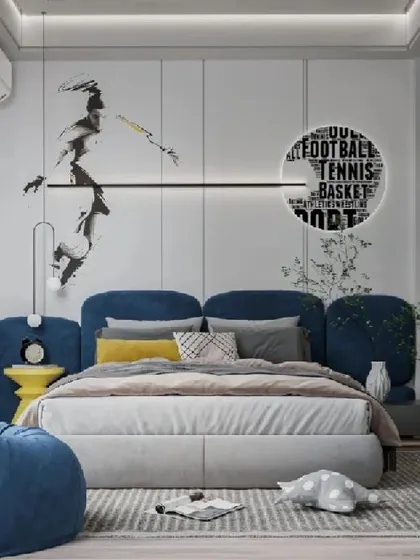 This sports-themed bedroom is perfect for an active child. The design includes a custom headboard, wall art celebrating various sports, and a cool blue color scheme that is both energetic and stylish.
