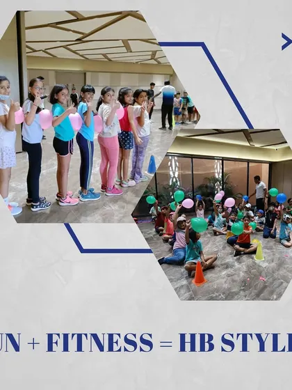 Fun plus fitness equals the HB style. This collage captures the joy and energy of our kids' fitness sessions, where we use games and creative activities to keep them active.