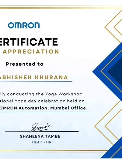 I am grateful to have received this certificate of appreciation from OMRON for conducting a yoga workshop for their team. It is always a privilege to share the benefits of yoga in a corporate setting.