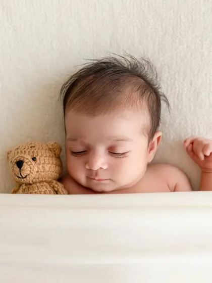 A frontal view of a sleeping newborn with a teddy bear prop, captured on a simple white background.