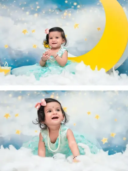 A two-photo set from the 'Moon & Stars' theme, one showing the baby sitting on the moon and the other crawling through the soft, cloud-like floor props.