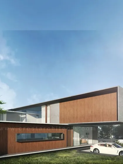 A 3D render of the Long House, illustrating our design intent from the early stages. This visualization shows the interplay of wood and concrete on the cantilevered form, closely mirroring the final built reality.