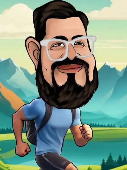 A digital caricature of a man running, created as a corporate farewell gift. The mountain background adds a sense of adventure.