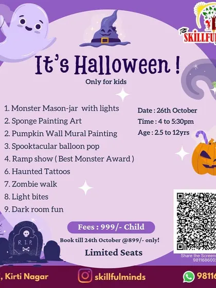 My Halloween party poster, featuring a spooktacular list of activities like making monster mason jars, a ramp show, and a zombie walk.