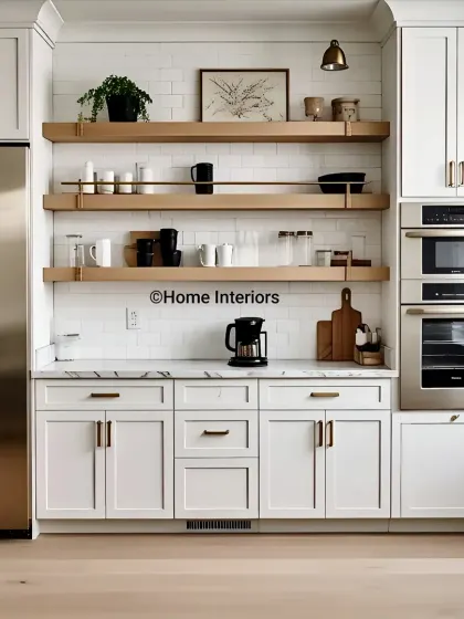 A classic all-white kitchen with a modern farmhouse feel. I used shaker-style cabinets, open wood shelving, and brass hardware to create a bright, timeless, and welcoming space.