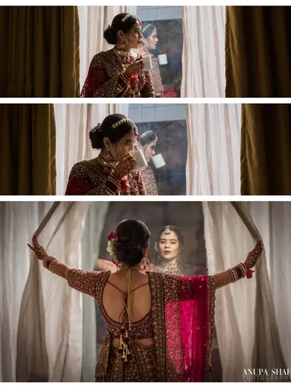 A three-part story of the bride's morning. It shows her sipping coffee, her reflection in the window, and a powerful pose from the back, ready for her day.