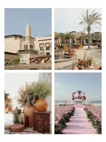 A collage showcasing the atmosphere of an Abu Dhabi destination wedding, from the venue's architecture to the beautiful beachside ceremony setup.