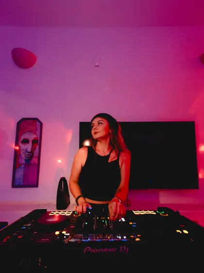 A more casual setting for a private party, but the focus on the music is the same. The art in the background adds a unique vibe.