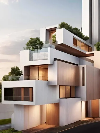 A render of a building made of stacked, offset wooden and concrete boxes.