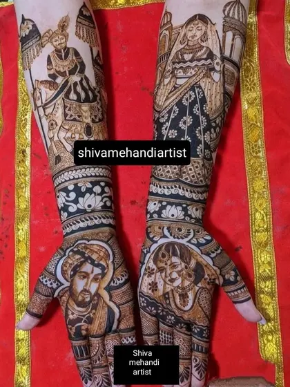 A regal bridal mehendi design featuring portraits of the couple in royal attire. The groom is depicted on a horse, and the bride is shown in a traditional pose, with intricate floral patterns filling the rest of the arms.