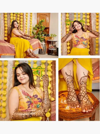 A collage of a bride's Mehandi ceremony. The bright yellow decor and her joyful poses create a sunny and cheerful collection of images.