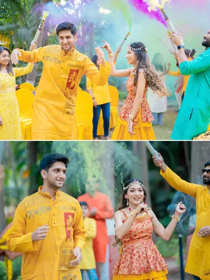 The couple and their friends dancing and celebrating with smoke bombs at a lively outdoor Haldi event.
