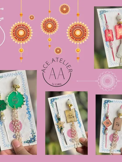 This collage showcases the variety in my Rakhi and Lumba collection. From traditional tassels to modern geometric shapes, each set is handcrafted with care.