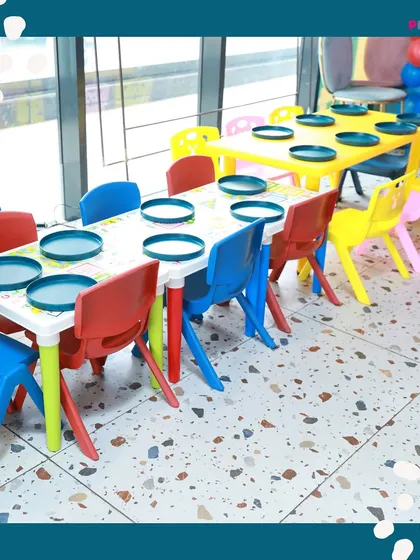 Our colorful, kid-sized tables are all set for the little guests to enjoy their party meal.