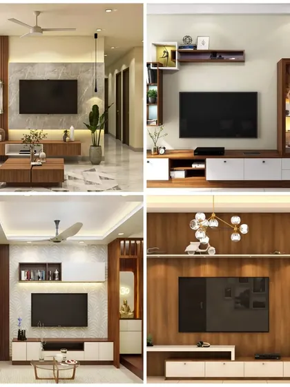 This collage showcases a variety of our TV unit designs, from minimalist floating consoles to full-wall entertainment centers with integrated storage and pooja nooks.