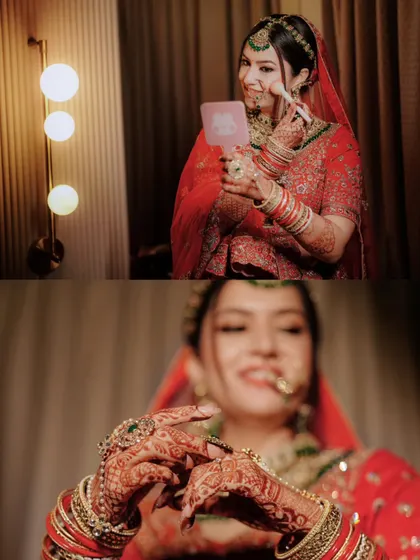 A diptych showing the bride's final touches, from applying makeup to adjusting her nose ring, capturing the excitement of getting ready.