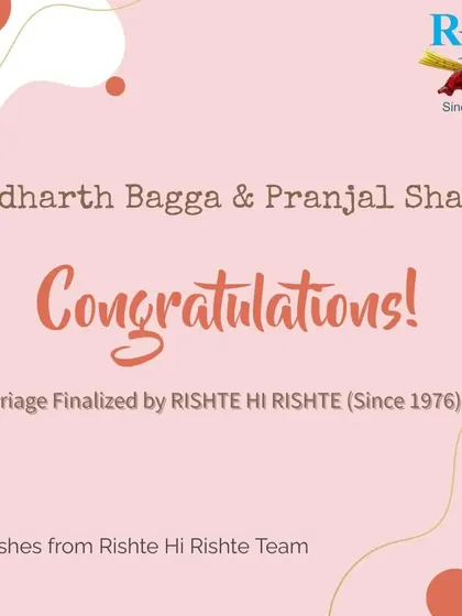 Announcing the marriage of Siddharth Bagga and Pranjal Sharma. Our team sends its best wishes to the happy couple and their families.