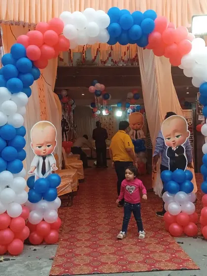 A classic balloon entrance arch with a Boss Baby theme. I used red, white, and blue balloons to create a bold look, perfect for a fun and energetic birthday party.