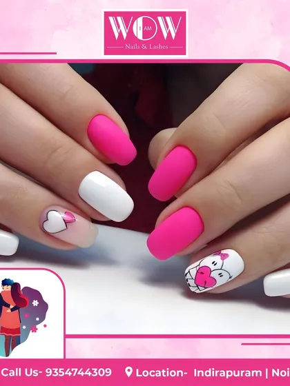 A fun and romantic set for Hug Day. This design features a matte hot pink and white base with cute, cartoon-style heart and character art.