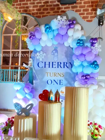Another angle of the 'Frozen' party, showing the arrangement of plinths and decorative props like the light-up butterfly.