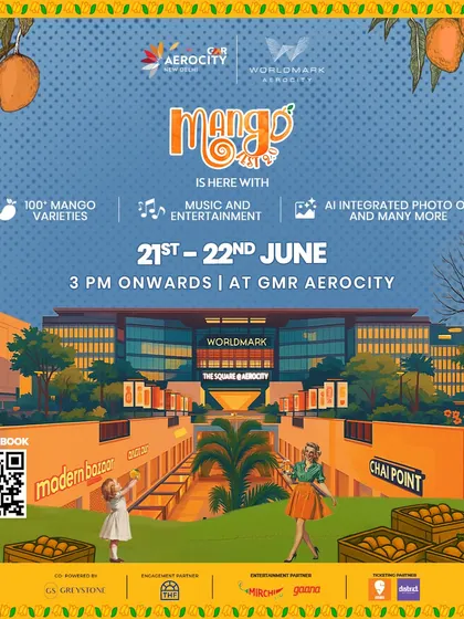 An illustrated poster showing the vibrant scene at The Square during Mango Fest. It's a call to clear your weekend for an unmissable fruity frenzy.