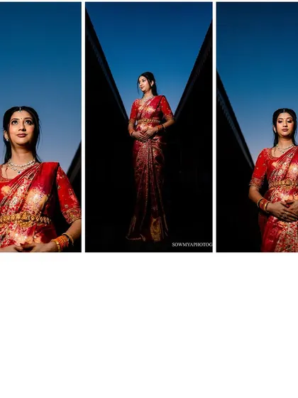 A triptych of a bride in a stunning red saree against a deep blue sky. The composition is modern, bold, and highly artistic.