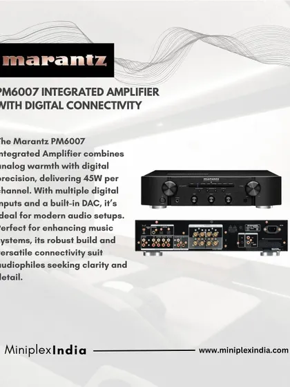 The Marantz PM6007 integrated amplifier combines analog warmth with digital precision. It's a versatile hub for modern audio setups, offering multiple inputs and a built-in DAC for superior sound quality.