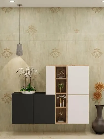 A floating crockery unit with an asymmetrical design, combining black and white cabinets with open wooden display shelves. This piece adds a modern, artistic touch to the dining area.