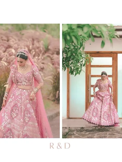 A closer look at the beautiful details of our Montreal bride's look. Every element, from the gota patti work on her pink lehenga to the delicate jewelry, was selected and coordinated virtually to create this stunning result.