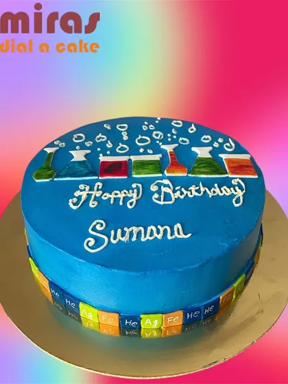 The perfect formula for a happy birthday! This chemistry-themed cake is decorated with beakers, bubbles, and a periodic table border, making it a great choice for a science lover or student.