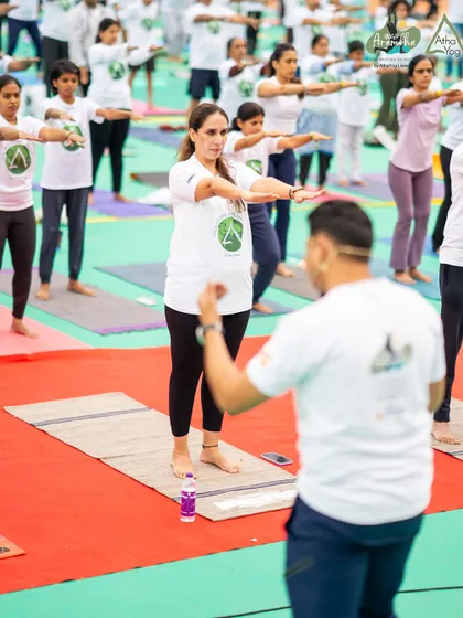 Guiding our community through a practice at Yoga Aarambha. It is a privilege to lead so many dedicated individuals in their yoga journey, ensuring proper alignment and mindful movement.