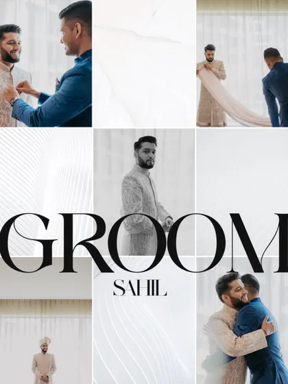 A collage of the groom, Sahil, looking sharp and stylish, ready for his big day.