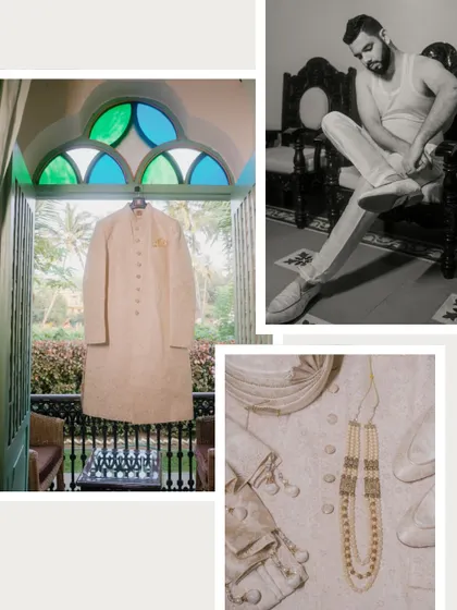 A flat lay of the groom's wedding attire, including his sherwani and necklace, paired with a candid shot of him getting ready. This tells the full story of the groom's preparation.